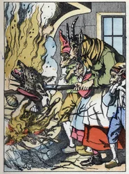 Geten dödar vargen i skorstenen. Illustration av berättelsen "Compere le Loup, Maitre Renard, Comere la Chevre et ses petits biquets"" efter en fabel av Jean de la Fontaine. I "" Sagor från hemmet för de minsta"". Anonym gravyr av 19t