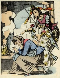 Den goda avgiften för Cinderella och Cinderella. Illustration av Charles Perraults berättelse "Askungen eller La petite slipper de verre"