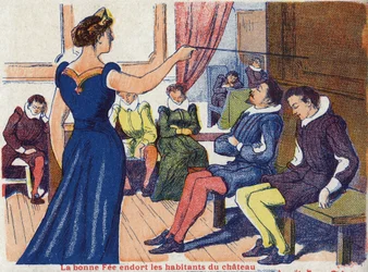 Den goda avgiften sover invånarna i slottet. Anonym illustration för "La belle au bois dormant", berättelse av Charles Perrault (1628-1703), fransk författare. Bildmaterial Marcel Vagne, Jarville Nancy, odaterat (slutet av 1800-talet).