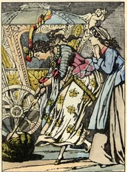 Den goda fen förvandlar pumpan till en vagn inför Askungens ögon. Illustration till Charles Perraults saga ”Askungen eller Den lilla glasskon”