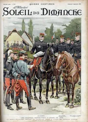 1899 års armés stora manövrar. General Giovaninelli, chef för manövrer, kritiserar militära operationer. Gravyr i "" Le sun-du-dimanche"", den 3 september 1899.
