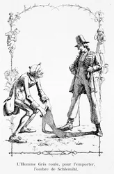 Den grå mannen rullar Schlemihls skugga för att vinna - i ”Peter Schlemihls underbara historia” av Adelbert von Chamisso