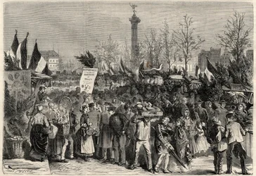 Skinkmässan, Boulevard Bourdon i 4:e arrondissementet i Paris nära Place de la Bastille. En skylt annonserar mulletkött (Hyperphagia). Gravyr i "The Universe illustrious"