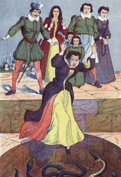 Den hemska trollkarlen kastar in i tanken. Anonym illustration för "La belle au bois dormant", berättelse av Charles Perrault (1628-1703), fransk författare. Bildmaterial Marcel Vagne, Jarville Nancy, odaterat (slutet av 1800-talet).