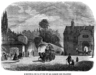Hospital of ptie salpetriere (PITIE-SALPETRIERE) och växtträdgården i Paris 1858.
