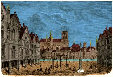 Huset med pelarna eller huset av Dauphin, tidigare och första stadshotell i Paris under medeltiden, gravyr 1800-talet