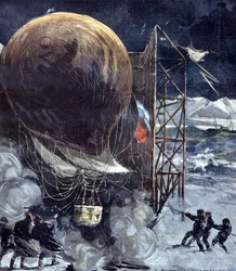 Vätgasballongen Oernen (Aquila) av svenske ingenjören Solomon Andrée (1854 - 1897) under en snöstorm på en ö i Danmark, strax före avresan till Nordpolen, en expedition som kommer att gå förlorad. 1897