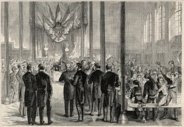 Den kejserliga prinsen Eugene Louis Joseph (1856-1879) närvarade vid den helige Karl den stores (Saint Karl den stores) bankett i Paris, på Lycee Bonaparte (då Lycee Condorcet). Gravyr i "The Universe illustrious"
