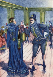 Kungasonen får Askungen att dansa. Illustration till "" Askungen", berättelse av Charles Perrault (1628-1703), fransk författare. Bildspråk Marcel Vagne, Jarville Nancy, odaterad (slutet av 1800-talet).