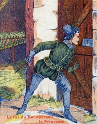 Kungasonen såg prinsessan. Illustration till berättelsen "" Åsneskinn" av Charles Perrault (1628-1703), fransk författare. Bildmaterial Marcel Vagne, Jarville Nancy, odaterat (slutet av 1800-talet).