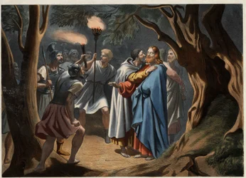 Judas kyss i Getsemane trädgård. Anonymt kopparstick från mitten av 1800-talet.
