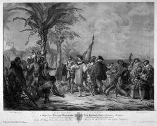 Christopher Columbus landstigning i San Salvador (Bahamas) den 12/10/1492. Gravyr av 1800-talet.
