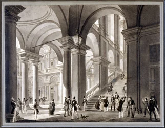 Den stora trappan i Brera. Akvatint av Giovanni Migliara, omkring 1820.