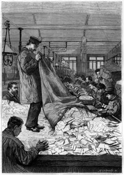 De stora bokstäverna i sorteringscentralerna på Hotel des Postes på Rue du Louvren i Paris. Gravyr i journalen "" La jeunesse""