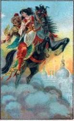 Läckan. Saga "" Berättelsen om den förtrollade hästen""" i "" De tusen och en natt""" (de 1001 nätterna eller Le mille e una notte, Arabian Nights). Kromolitografi från slutet av 1800-talet.