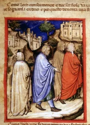 Läckan av Loth och hans fru förvandlades till en saltstaty för att se tillbaka. Miniatyr från codex 212 (eller padovano codice eller Bible of Padua) 1390-1400 Rovigo, Accademia dei Concordi