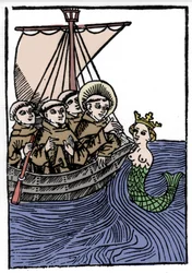 Legenden om Saint Brendan (Brandan), hjältar och irländskt helgon från 600-talet. St Brendans möte med Sirene. Gravyr av "" Die Wunderbare Meerfahrt des Hl. Brandan.” Bal
