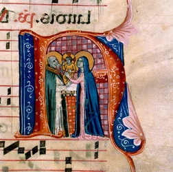 Bokstaven "N" med en skildring av presentationen vid templet: f.36v av Antifonariet