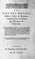 Berömda mäns liv. Sida i Plutarch di Cheronees bok, även kallad "Paralleles Lives"". schweizisk upplaga 1567.