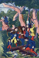 Skogshuggarna överger sina barn, Illustration för "" Le Pepetit poucet"", berättelse av Charles Perrault (1628-1703), fransk författare. Anonym illustration. Bildmaterial Marcel Vagne, Jarville Nancy, odaterat (slutet av 1800-talet).