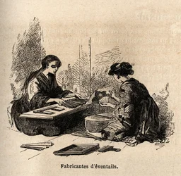 Tillverkning av eventtails. Gravyr för att illustrera resan till Japan 1863-1864, av Aime Humbert, minister för Schweiziska edsförbundet, i "Le tour du monde, nouveau journal des voyages", publicerad under ledning av Edouard Charton