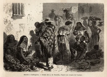Marknaden i Cartagena (Colombia), i stadens förorter, huvudsakligen besökt av svarta människor, mestiser och indianer. Gravyr som illustration till dr Saffrays resa till Nya Granada 1869, publicerad i ”Le Tour du monde” 1872, redigerad av Édouard Charton