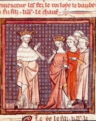 Äktenskapet mellan Ludvig II Begue (846-879) kung av Francs och Adelaide av Friuli 875 Miniatyr från "" Grandes Chronicles de France"" 1375-1379 Stadsbibliotek, Castres