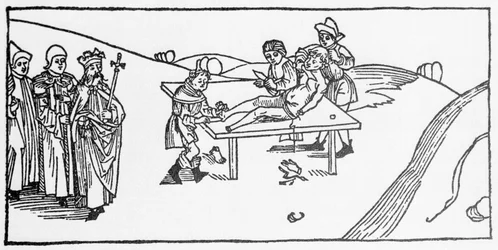Sankt Jakobs majors martyrskap tillfogat av Herodes av Agrippa, kung av Judee. Gravyr från "Leben der Heiligen - sommerteil" (Helgonets bok) av Jacobus (James) av Voragine (1228-1298). Lübeck 1488.