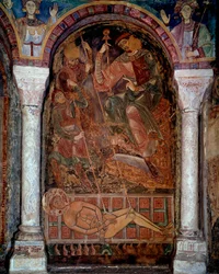 Saint Laurents martyrskap (210/220-258) dog på grillen, fresk av staden Berze. 1000-talet. Chapel of the Moines, Berze la Ville