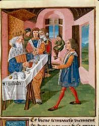 Kung Agathokles av Siciliens måltid. Miniatyr ur ”Boken om goda seder” av Jacques Legrand (1360-1415/1418), tillägnad Johan, hertig av Berry