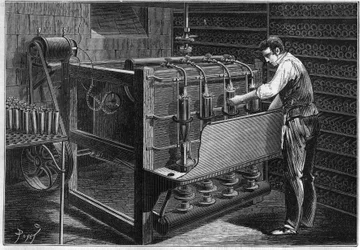 Den mekaniska installationen av M. Marguery, krögare, i Paris: automatisk flasktvättmaskin, representerad av en liten dynamoelektrisk maskin från Gram (Zenobe Theophile Gram 1826-1901). Gravyr i "La Nature: revue des sciences et de leu