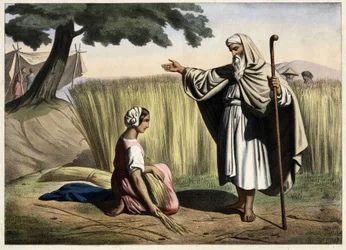 Mötet mellan Rut och Boas (Booz), farföräldrar till kungen av Israel David (1000-972 f.Kr.). Anonym gravyr från mitten av 1800-talet.