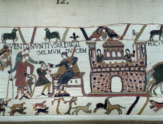 Budbärarna till kungen av Normandie Vilhelm Erövraren (1027-1087) informerade honom om att Harold, som kom från England på uppdrag av kung Edward Bekännaren av England, togs till fånga av greve Guy de Ponthieu. Detail of the Tapestry of Bayeux eller Emb