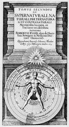 Mikrokosmos och makrokosmos - Allegorisk framställning av människans ställning i universum (den vitruvianska människan): förhållandet mellan människan (mikrokosmos) och makrokosmos symboliseras av Solens, Månens och planeternas sfärer, olika temperament