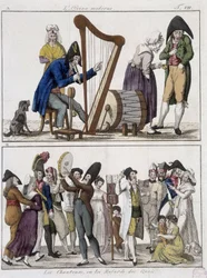The modern Ossian (man orchestra) och "" The Singer or the Musards of the Docks""" (Musicians of the streets) - bild av Epinal