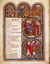 September månad, jordbruksarbete (skördar, tröska av vetet med en blomma), festen för korsets upphöjelse, S:t George som besegrar draken Manuskriptsida hämtad från "" The psalter of Saint Elizabeth""" 1200-talet Cividale, Mus