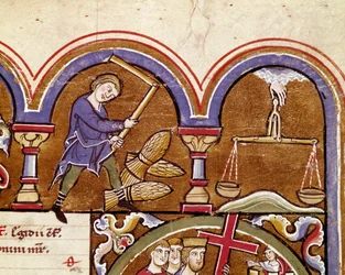 September månad, jordbruksarbete, skörd, vetetröskning med en blomma Detalj av en manuskriptsida hämtad från "" The Psalter of Saint Elizabeth"" Cividale från 1200-talet, Museo Archeologico