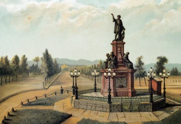 "" Monumentet till navigatören Christopher Columbus (Cristoforo Colombo, Cristobal Colon) (1451-1506) på Paso de la Reforma i Mexico City, Mexiko. Kromolitografi från 1885