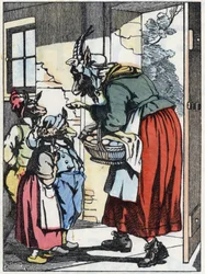 Getmodern ger sig av på promenaden och varnar sina biketter. Illustration av berättelsen "Compere le Loup, Maitre Renard, Comere la Chevre et ses petits biquets"" efter en fabel av Jean de la Fontaine. I "" Sagor från hemmet för de minsta"". Anonym e