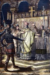 Mordet på Sankt Thomas Becket i Canterburykatedralen den 29 december 1170 av riddare från kung Henrik II:s hov - träsnitt