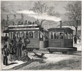 De nya ångspårvagnarna i Paris 1876 körde på linjen Saint - Germain - des - Prés vid dörren till Chatillon, gravyr Bianchetti samling.