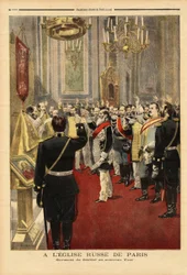 Trohetseden till den nye tsaren Nicholas II (1868-1918), i katedralen Saint Alexandre Nevsky, rue Daru, Paris. Gravyr i "" Le petit journal"" 1894-11-18. Selvas samling.