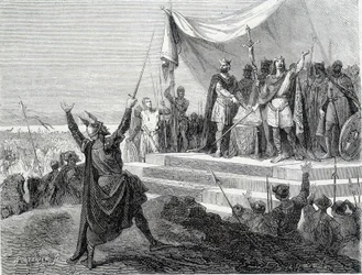De två brödernas ed före deras rustning: Karl II den skallige och Ludvig II germanen avlägger eden mot Lothaire I (Ederna från Strasbourg 842). Gravyr av 1800-talet.