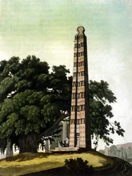 Obelisken i Axum (Aksoum) fördes till Rom av italienarna 1937. Il Costume antico e moderno, Jules Ferrario, Milano 1820.