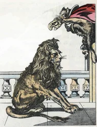 Ogren blir ett lejon på begäran av Boot Cat. Illustration av berättelsen "The cat botte" av Charles Perrault