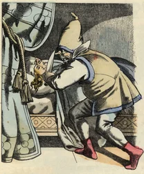 Ogren skär i huvudet på sina sju döttrar och funderar på att döda den lilla Poulet och hans bröder. Illustration av berättelsen "" Le Petite Poucet"" av Charles Perrault