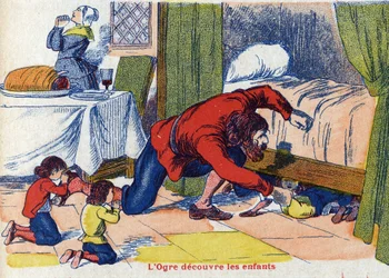 Ogren upptäcker barnen. Illustration till "" Le Pepetit poucet", berättelse av Charles Perrault (1628-1703), fransk författare. Anonym illustration. Bildmaterial Marcel Vagne, Jarville Nancy, odaterat (slutet av 1800-talet).