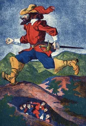 Ogren letar efter barn. Illustration till "" Le Pepetit poucet", berättelse av Charles Perrault (1628-1703), fransk författare. Illustration anonym. Bildmaterial Marcel Vagne, Jarville Nancy, odaterat (slutet av 1800-talet).