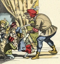 Ogren tar ett barn med avsikt att sluka henne. Illustration av berättelsen "" Le Pepetit Poucet"" av Charles Perrault