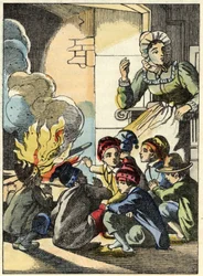 Ogres fru värmer Lilla Poucet och hans bröder med en eld. Illustration av berättelsen "" Le Pepetit Poucet"" av Charles Perrault